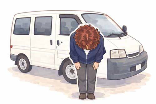 ペット火葬の訪問スタッフが白いバンの前でお辞儀をしているイラスト